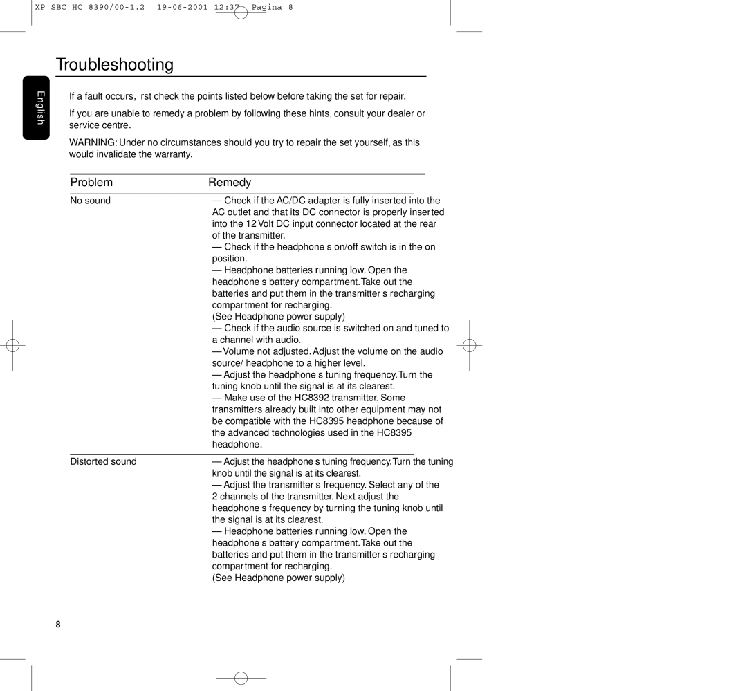 Philips HC8390 manual Troubleshooting, Problem Remedy, No sound, Distorted sound 