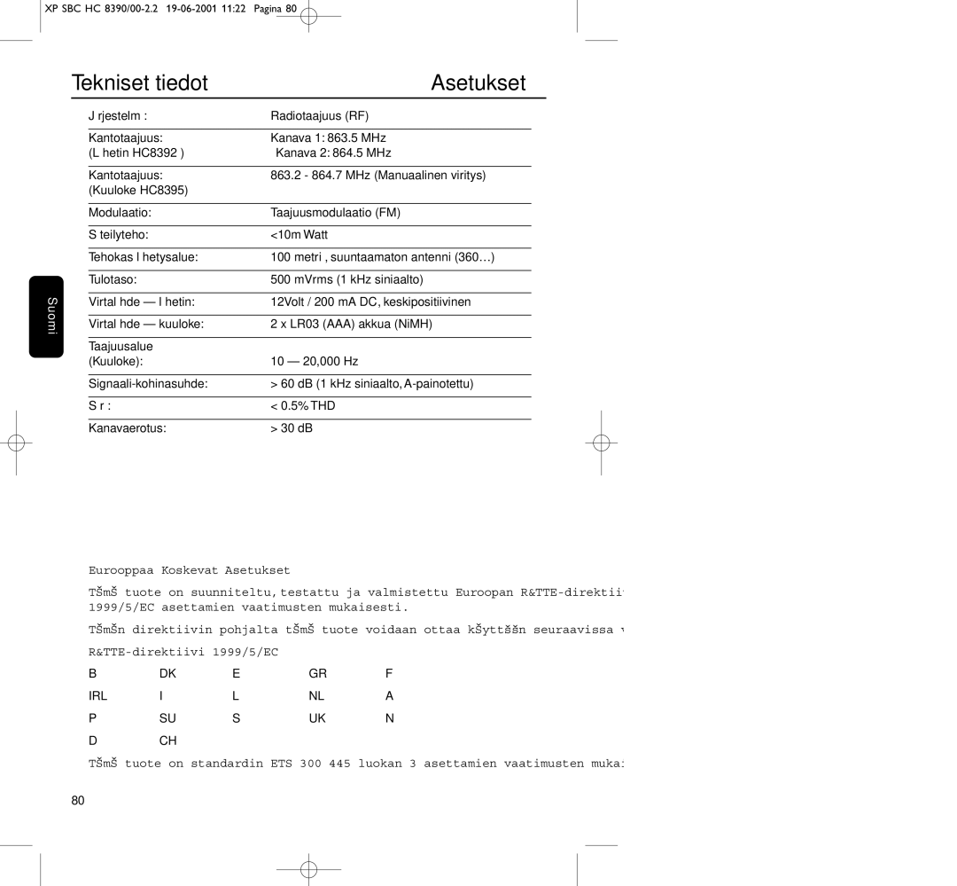 Philips HC8390 manual Tekniset tiedot, Asetukset 