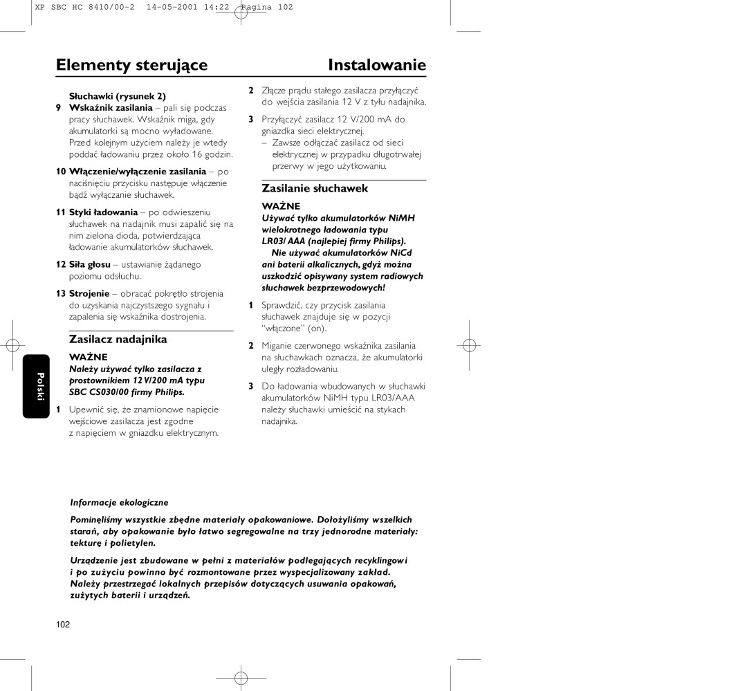 Philips HC8410 manual Elementy sterujące Instalowanie, Zasilanie słuchawek, Zasilacz nadajnika 