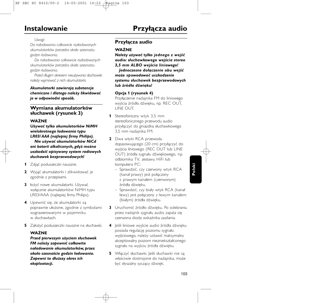 Philips HC8410 manual Przyłącza audio, Wymiana akumulatorków słuchawek rysunek, Opcja 1 rysunek 