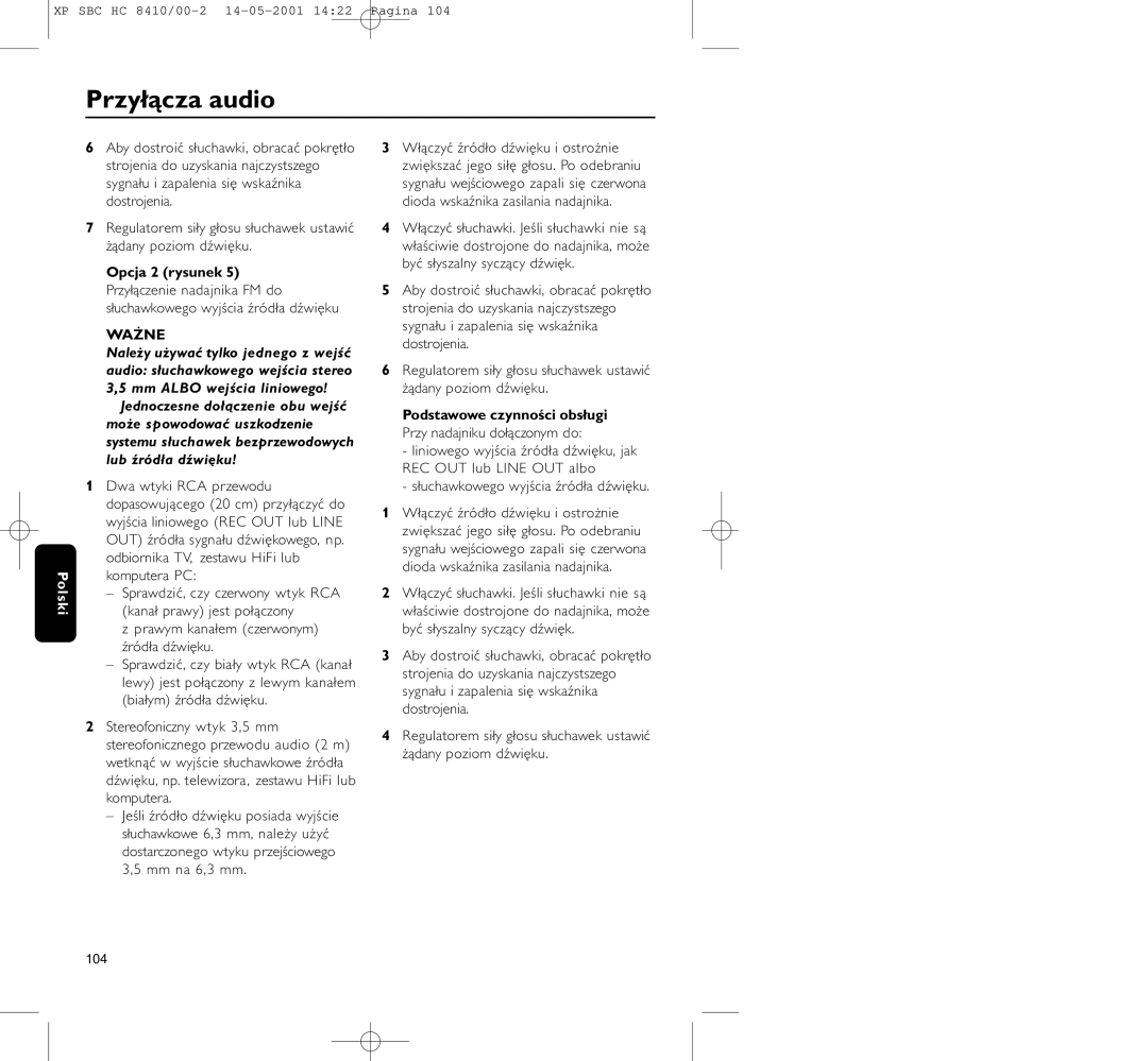 Philips HC8410 manual Przyłącza audio 