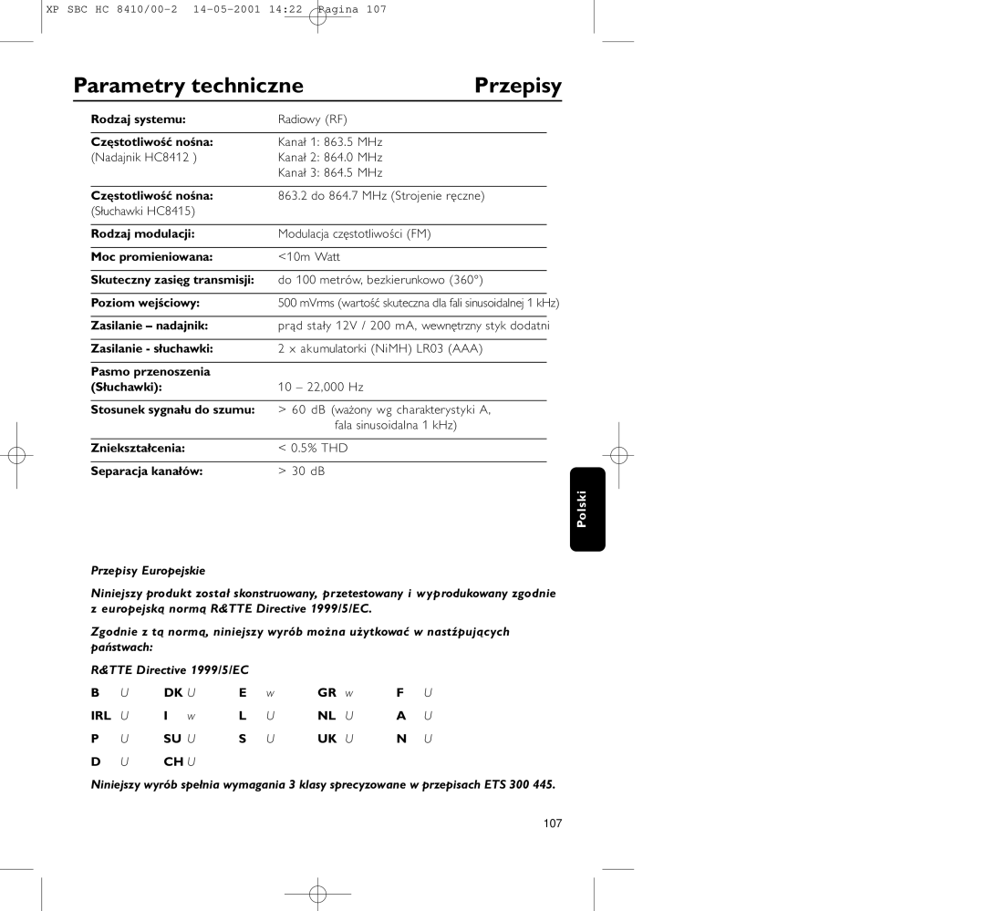 Philips HC8410 manual Parametry techniczne, Przepisy 