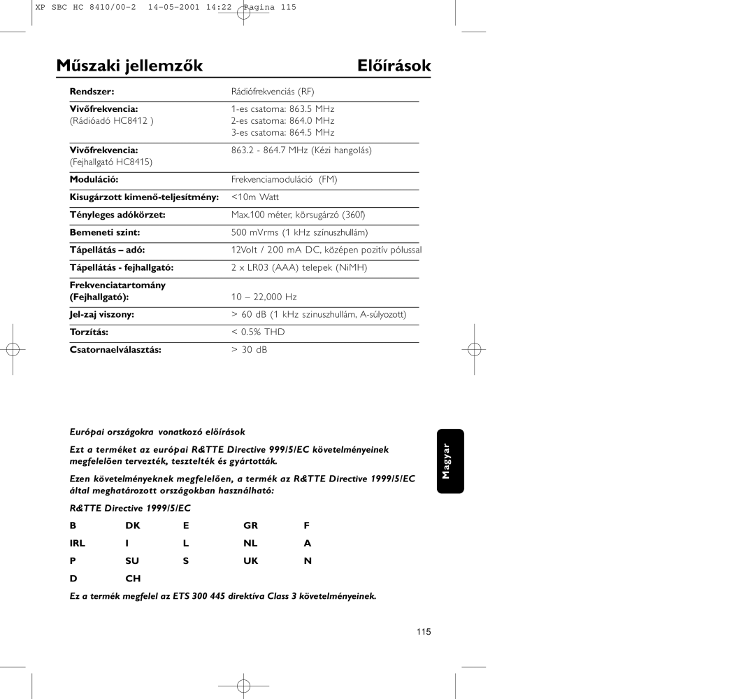 Philips HC8410 manual Műszaki jellemzők, Előírások 