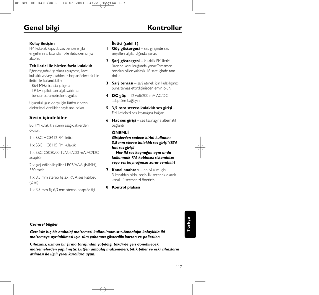 Philips HC8410 manual Genel bilgi Kontroller, Setin içindekiler 