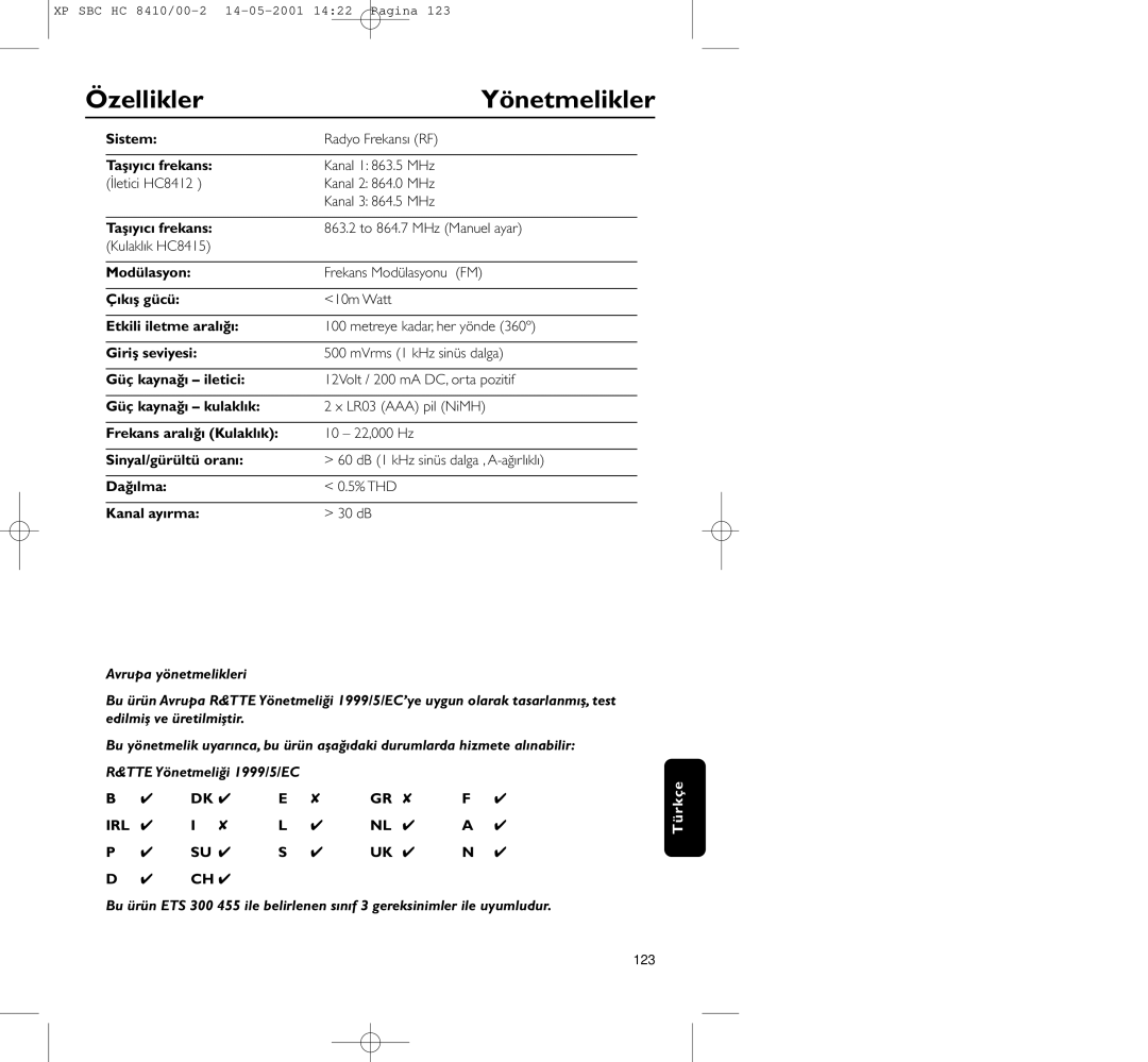 Philips HC8410 manual Özellikler Yönetmelikler 