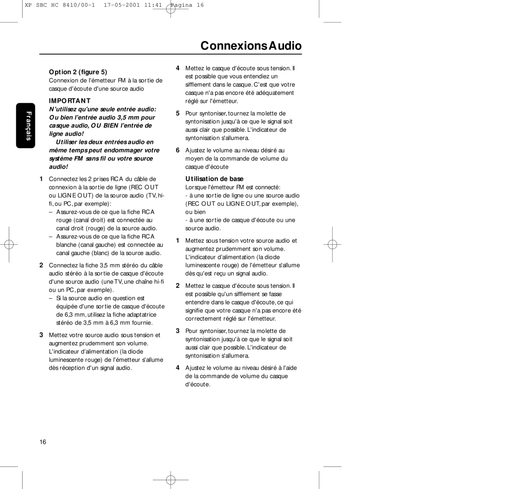 Philips HC8410 manual Connexions Audio, Utilisation de base 