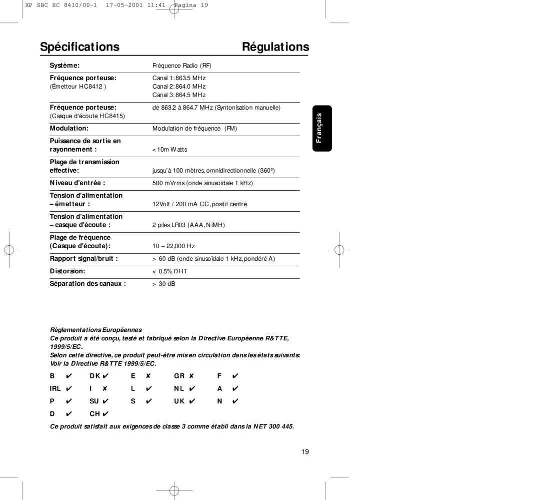 Philips HC8410 manual Spéciﬁcations, Régulations 