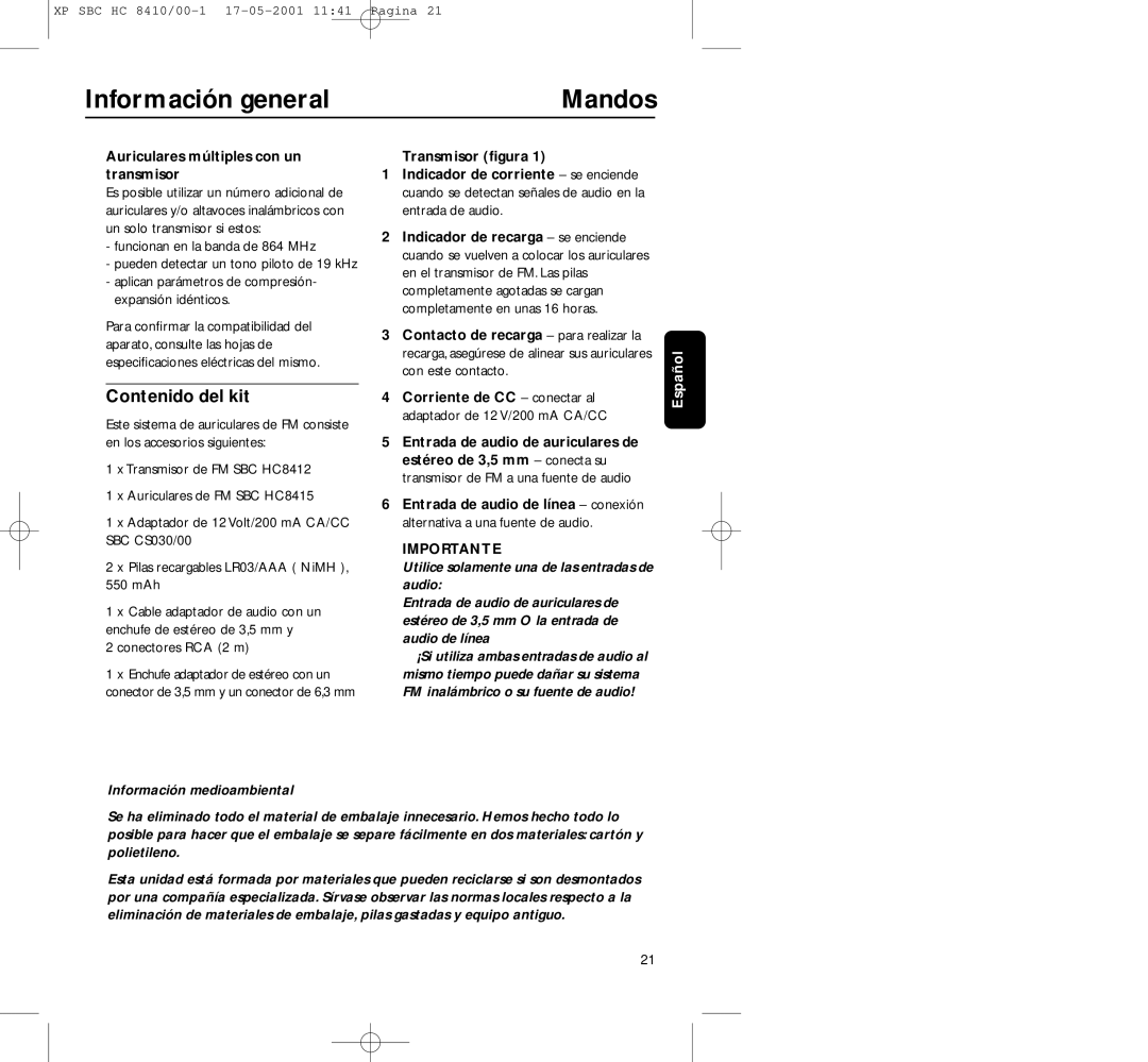 Philips HC8410 manual Mandos, Contenido del kit, Auriculares múltiples con un transmisor, Información medioambiental 