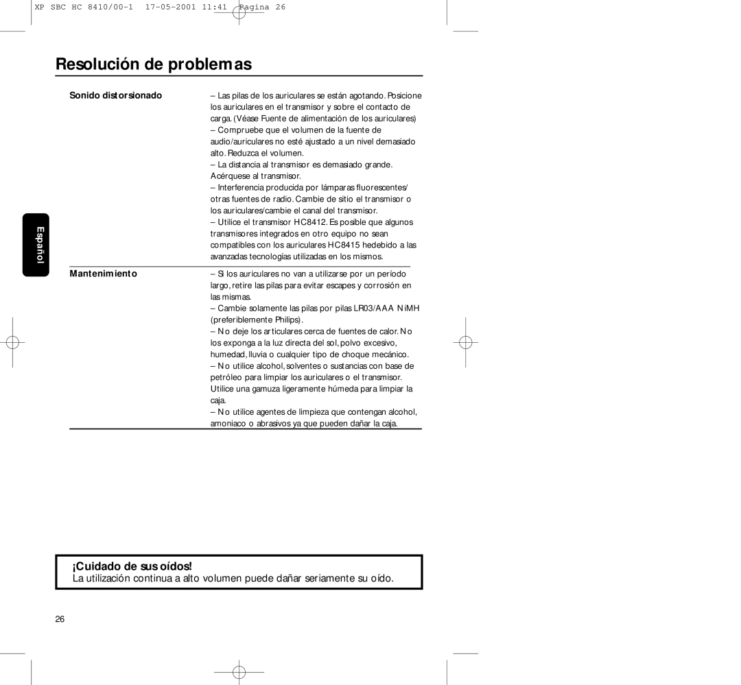 Philips HC8410 manual ¡Cuidado de sus oídos, Mantenimiento 