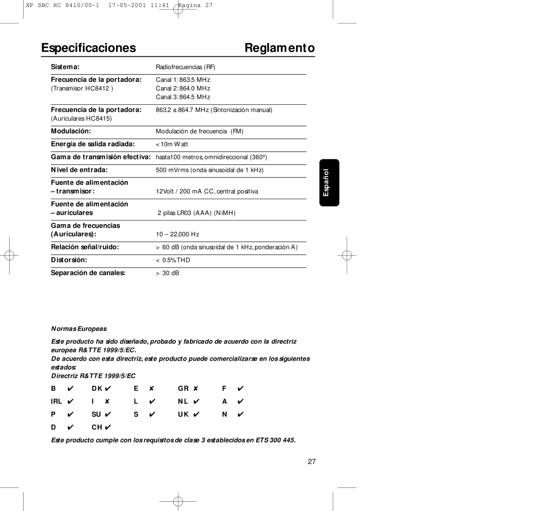 Philips HC8410 manual Especiﬁcaciones Reglamento, Distorsión % THD Separación de canales 30 dB 