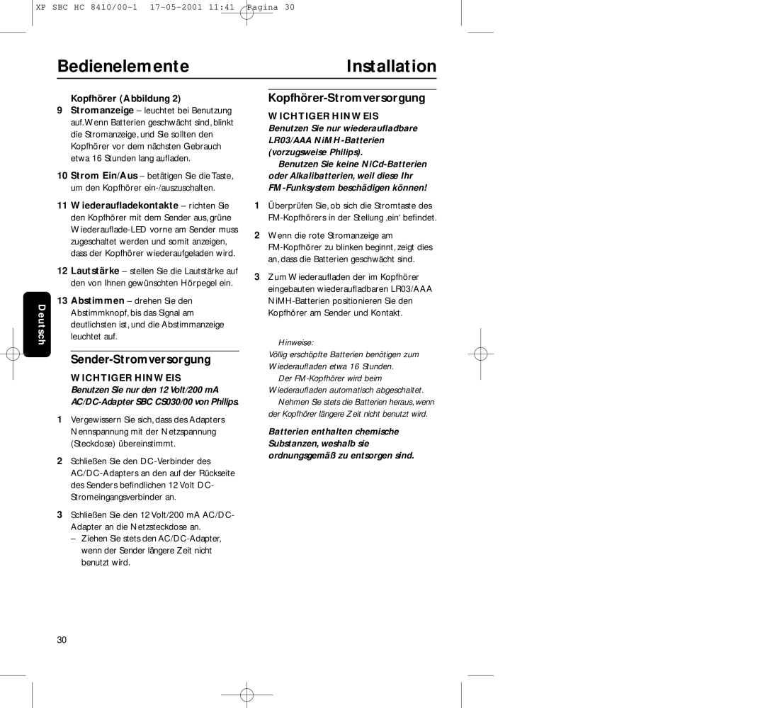 Philips HC8410 manual BedienelementeInstallation, Sender-Stromversorgung, Kopfhörer-Stromversorgung, Kopfhörer Abbildung 