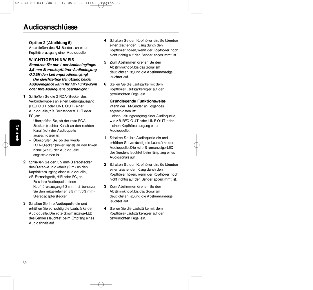 Philips HC8410 manual Audioanschlüsse, Option 2 Abbildung, Einen Kopfhörerausgang einer Audioquelle 