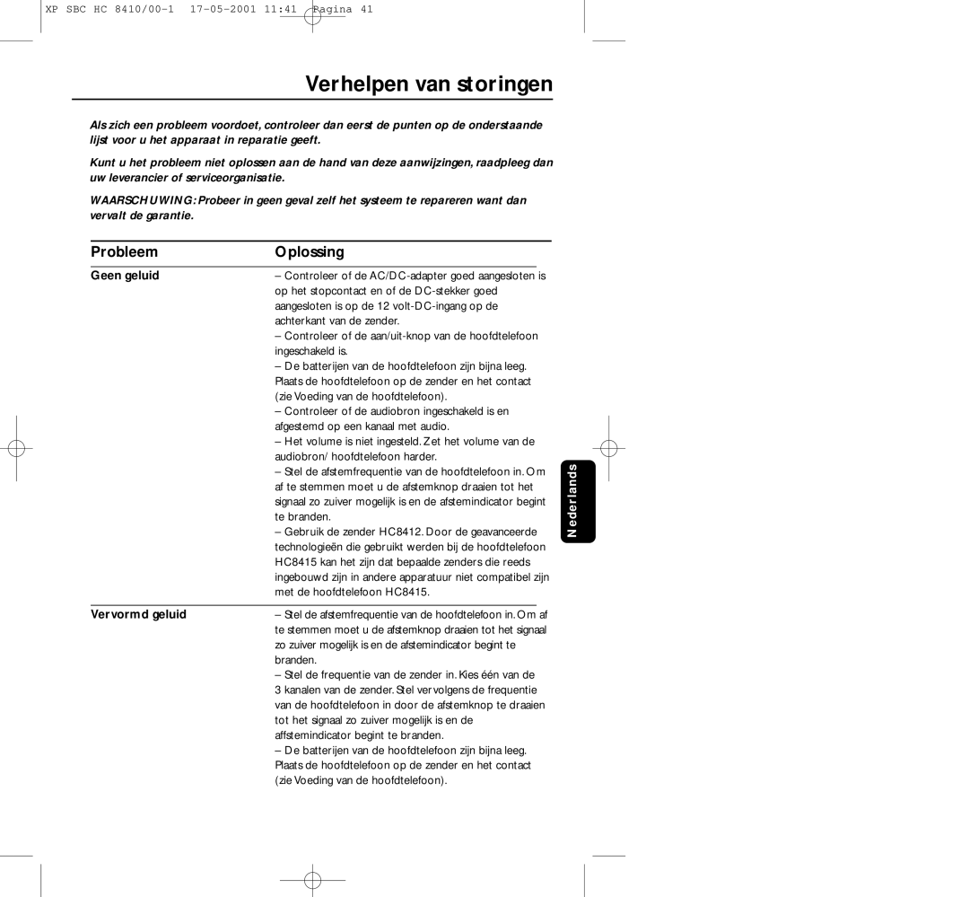 Philips HC8410 manual Verhelpen van storingen, Probleem Oplossing, Geen geluid, Vervormd geluid 