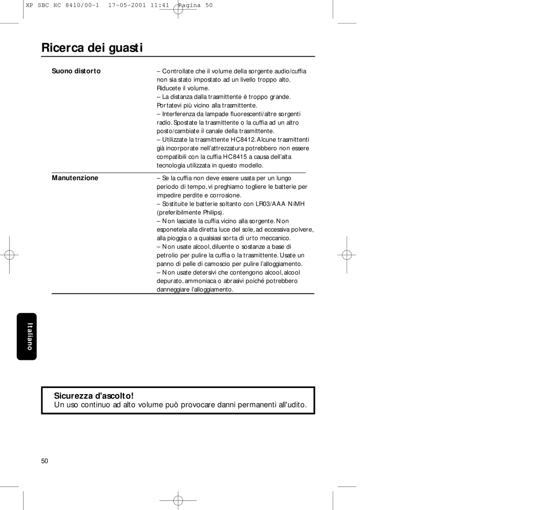 Philips HC8410 manual Sicurezza dascolto, Manutenzione 