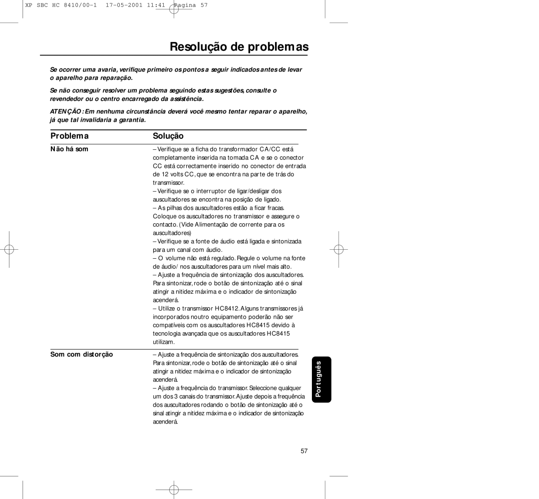 Philips HC8410 manual Resolução de problemas, Problema Solução, Não há som, Som com distorção 