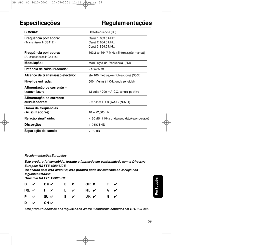 Philips HC8410 manual Especiﬁcações, Regulamentações, Distorção % THD Separação de canais 30 dB 