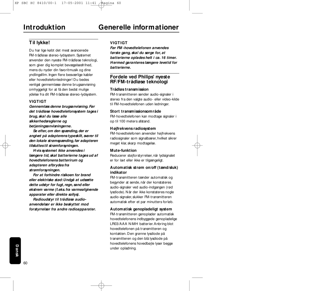 Philips HC8410 manual Introduktion Generelle informationer, Til lykke 