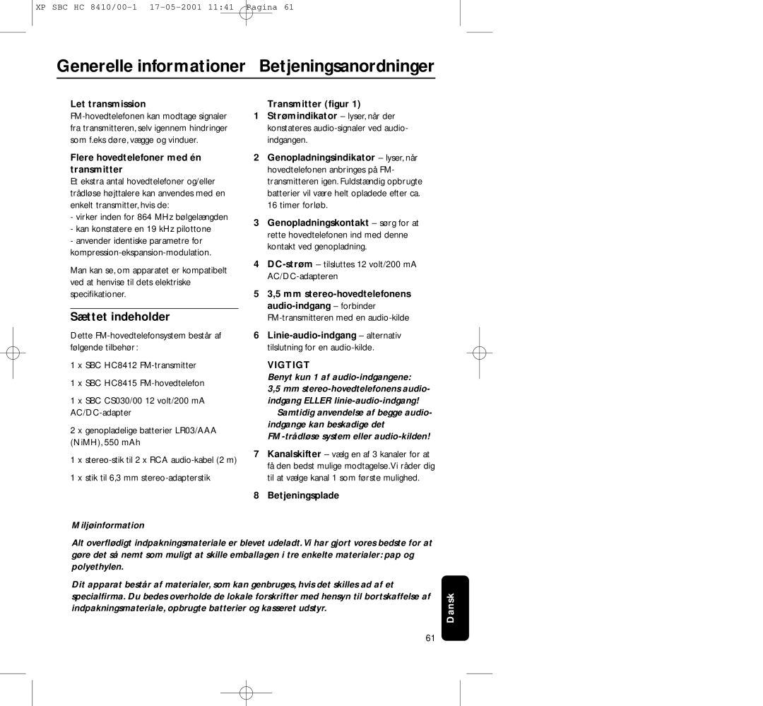 Philips HC8410 Sættet indeholder, Let transmission, SBC HC8412 FM-transmitter SBC HC8415 FM-hovedtelefon, Miljøinformation 