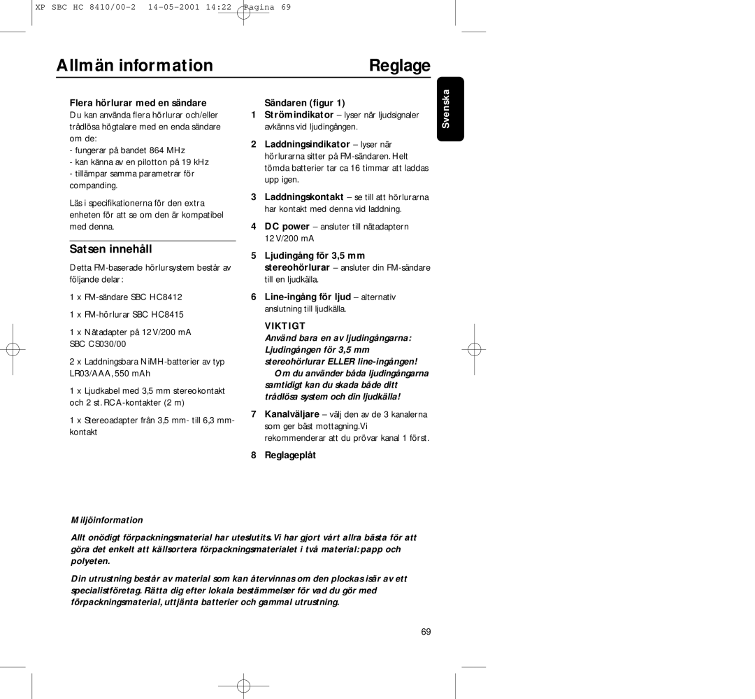 Philips HC8410 manual Reglage, Satsen innehåll, Miljöinformation 