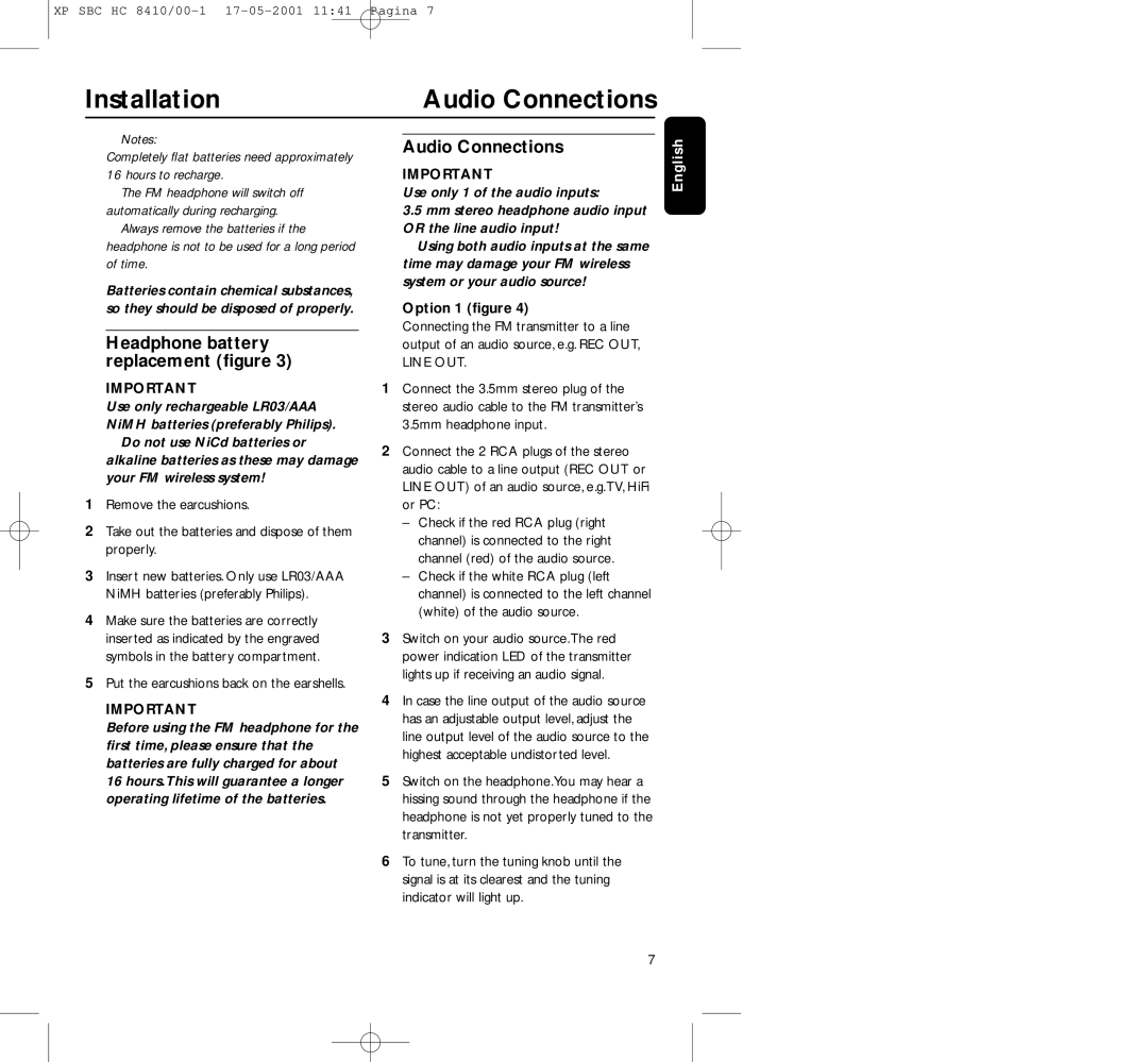 Philips HC8410 manual Audio Connections, Headphone battery replacement ﬁgure, Option 1 ﬁgure 