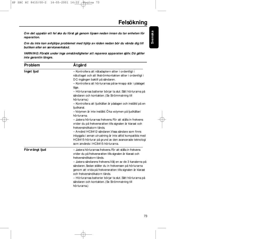 Philips HC8410 manual Felsökning, Problem Åtgärd, Inget ljud, Förvrängt ljud 