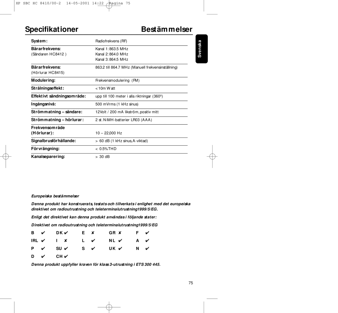 Philips HC8410 manual Speciﬁkationer Bestämmelser 