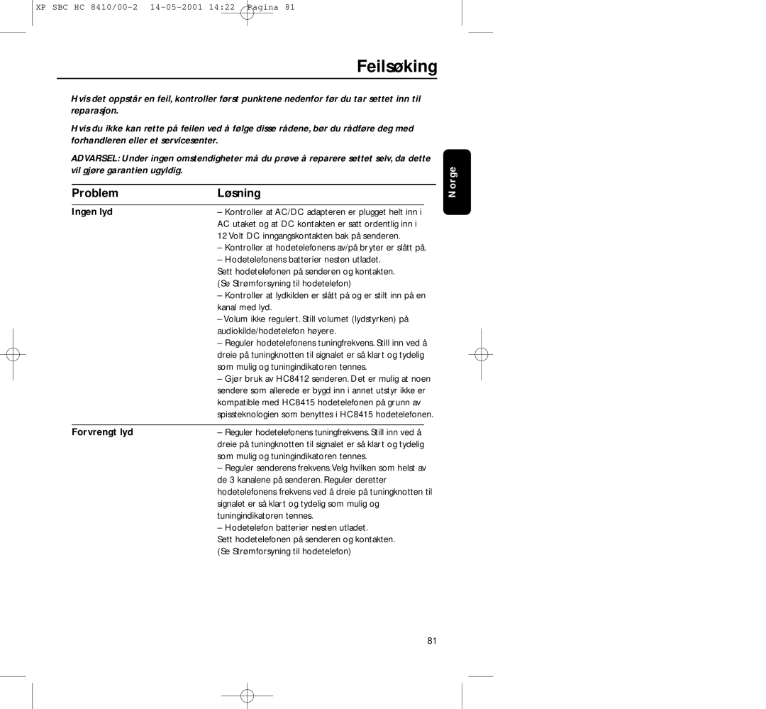 Philips HC8410 manual Feilsøking, Problem Løsning, Forvrengt lyd 