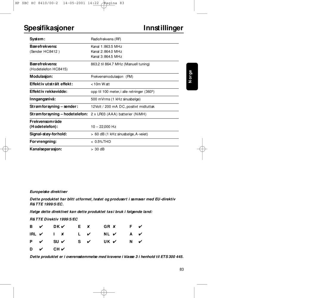 Philips HC8410 manual Spesiﬁkasjoner Innstillinger 