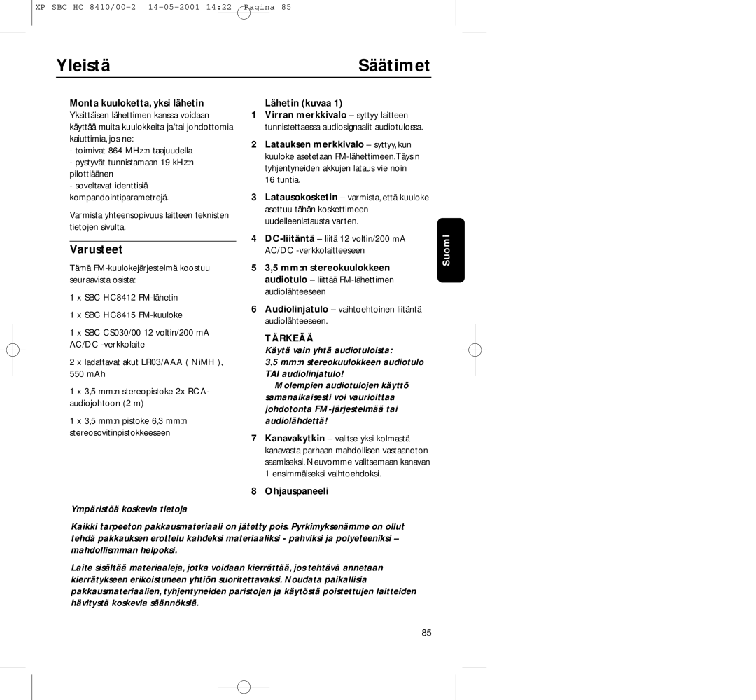 Philips HC8410 manual Yleistä Säätimet, Varusteet, Ympäristöä koskevia tietoja 