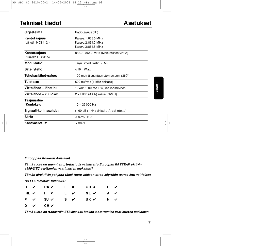 Philips HC8410 manual Tekniset tiedot, Asetukset 