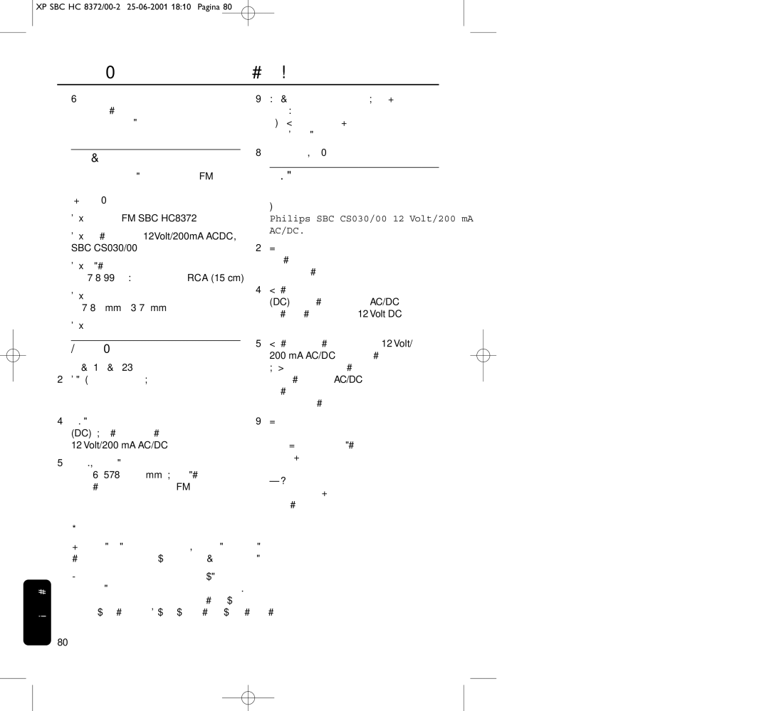 Philips HC8650 manual FM, SBC HC8372, 12Volt/200mA Acdc, SBC CS030/00, Ma Ac/Dc, Volt/200 mA AC/DC 