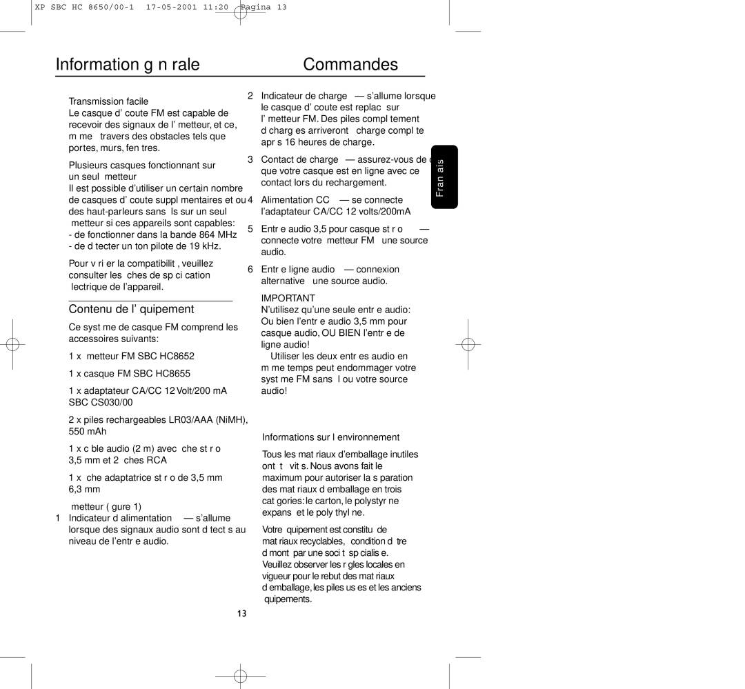 Philips HC8650 Commandes, Contenu de léquipement, Transmission facile, Plusieurs casques fonctionnant sur un seul émetteur 