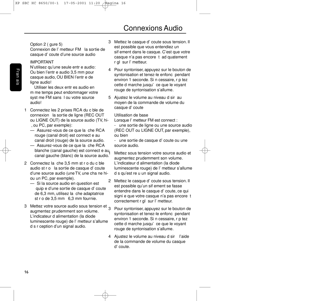 Philips HC8650 manual Connexions Audio, Utilisation de base 