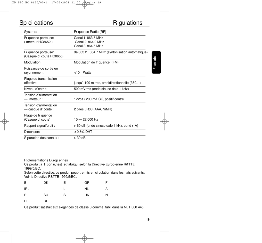 Philips HC8650 manual Spéciﬁcations, Régulations 