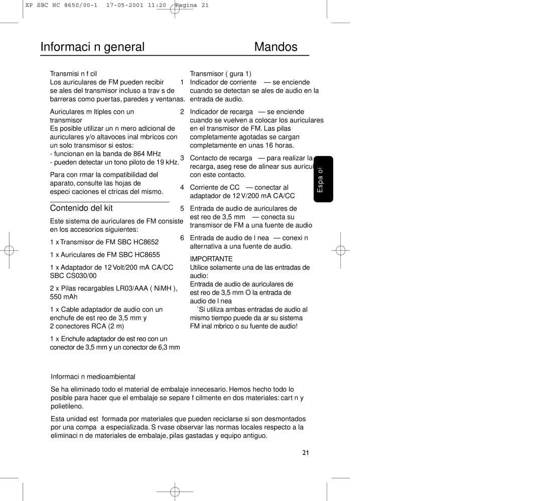 Philips HC8650 manual Mandos, Contenido del kit, Información medioambiental 