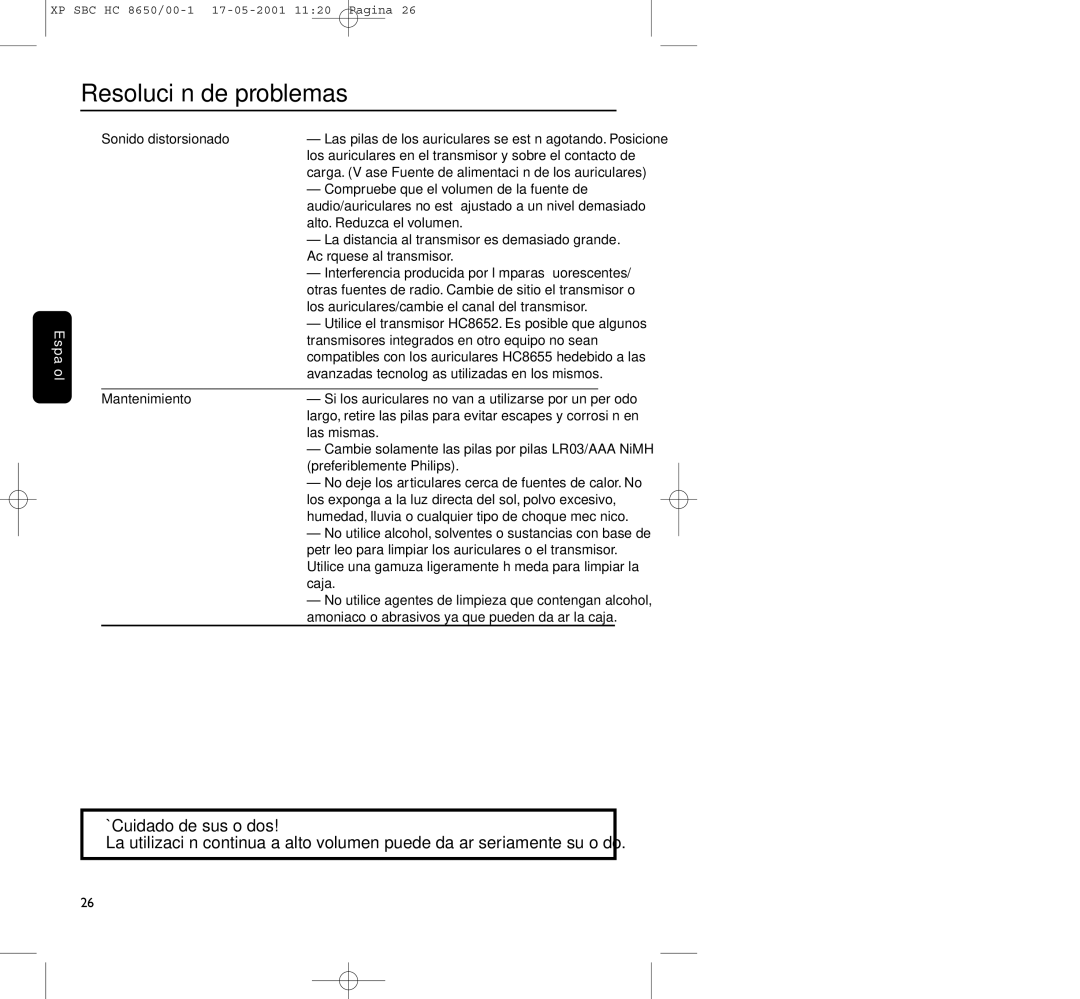 Philips HC8650 manual ¡Cuidado de sus oídos, Mantenimiento 