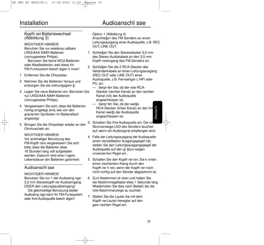 Philips HC8650 manual InstallationAudioanschlüsse, Kopfhörer-Batteriewechsel Abbildung, Entfernen Sie die Ohrpolster 