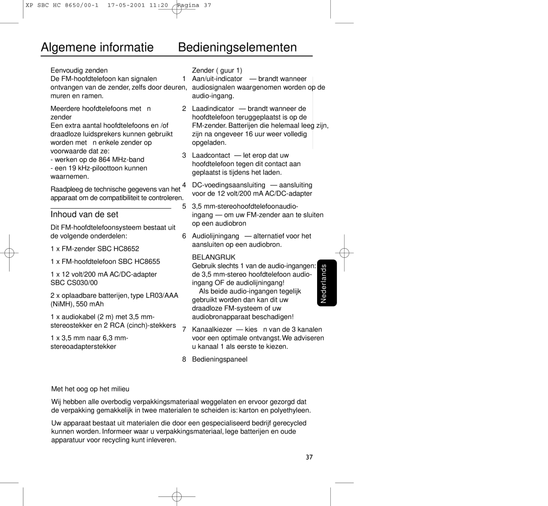 Philips HC8650 manual Bedieningselementen, Inhoud van de set, Met het oog op het milieu 