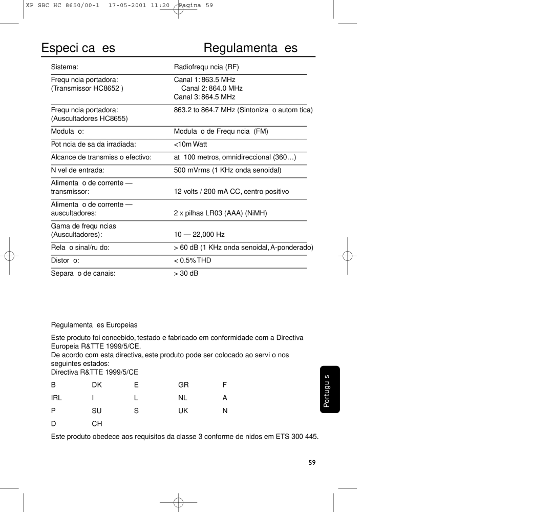 Philips HC8650 manual Especiﬁcações, Regulamentações, Distorção % THD Separação de canais 30 dB 