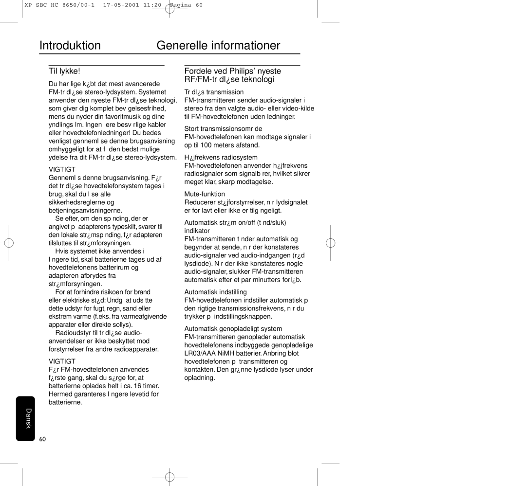 Philips HC8650 manual Introduktion Generelle informationer, Til lykke, Fordele ved Philips nyeste RF/FM-trådløse teknologi 