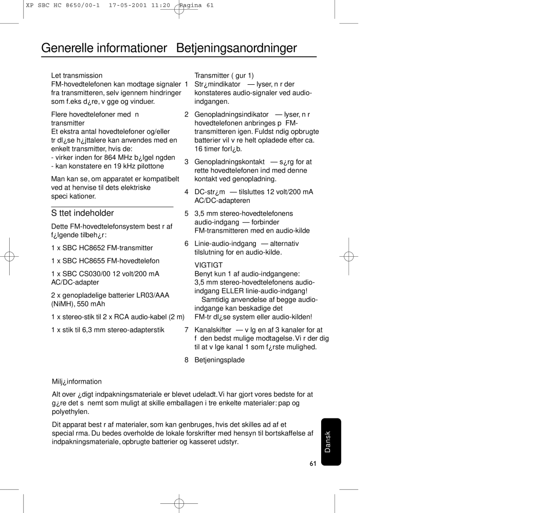 Philips HC8650 Sættet indeholder, Let transmission, SBC HC8652 FM-transmitter SBC HC8655 FM-hovedtelefon, Miljøinformation 