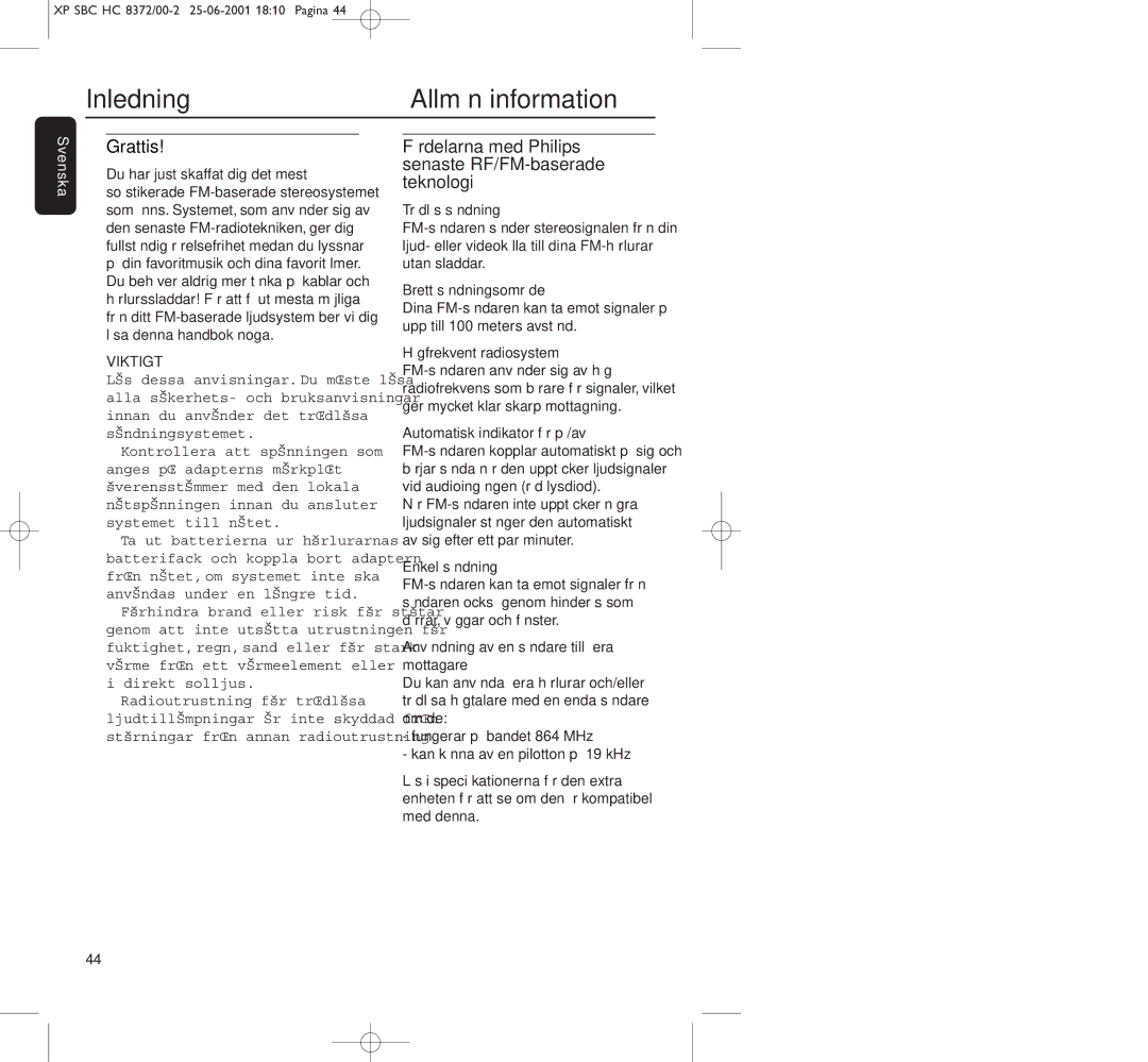Philips HC8650 manual Inledning Allmän information, Grattis, Fördelarna med Philips senaste RF/FM-baserade teknologi 