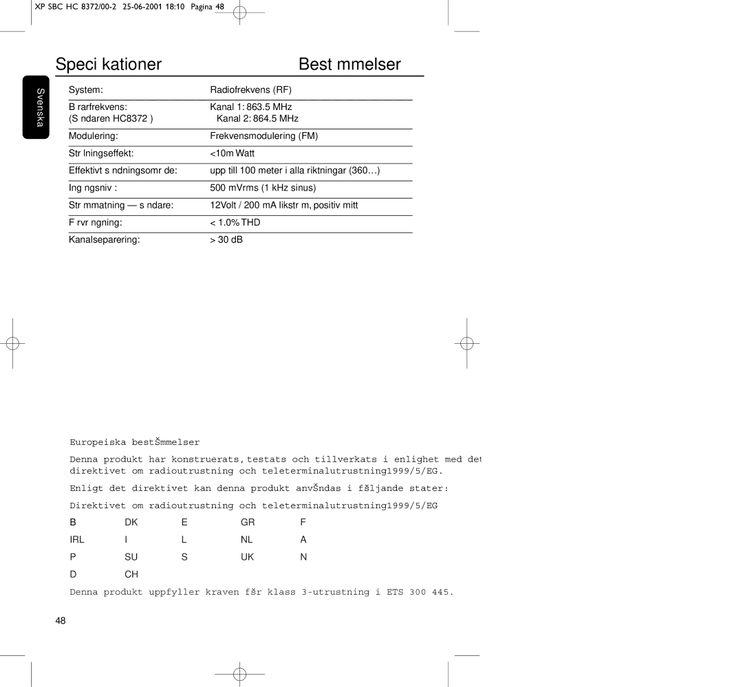 Philips HC8650 manual Speciﬁkationer Bestämmelser 