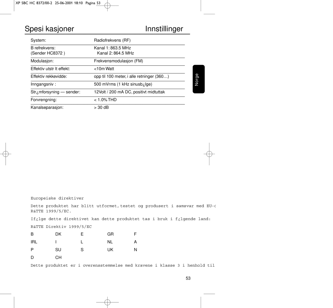 Philips HC8650 manual Spesiﬁkasjoner Innstillinger 