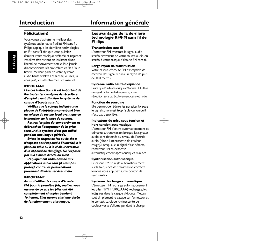 Philips HC8650 manual Information générale, Introduction, Félicitations, Transmission sans ﬁl, Large rayon de transmission 