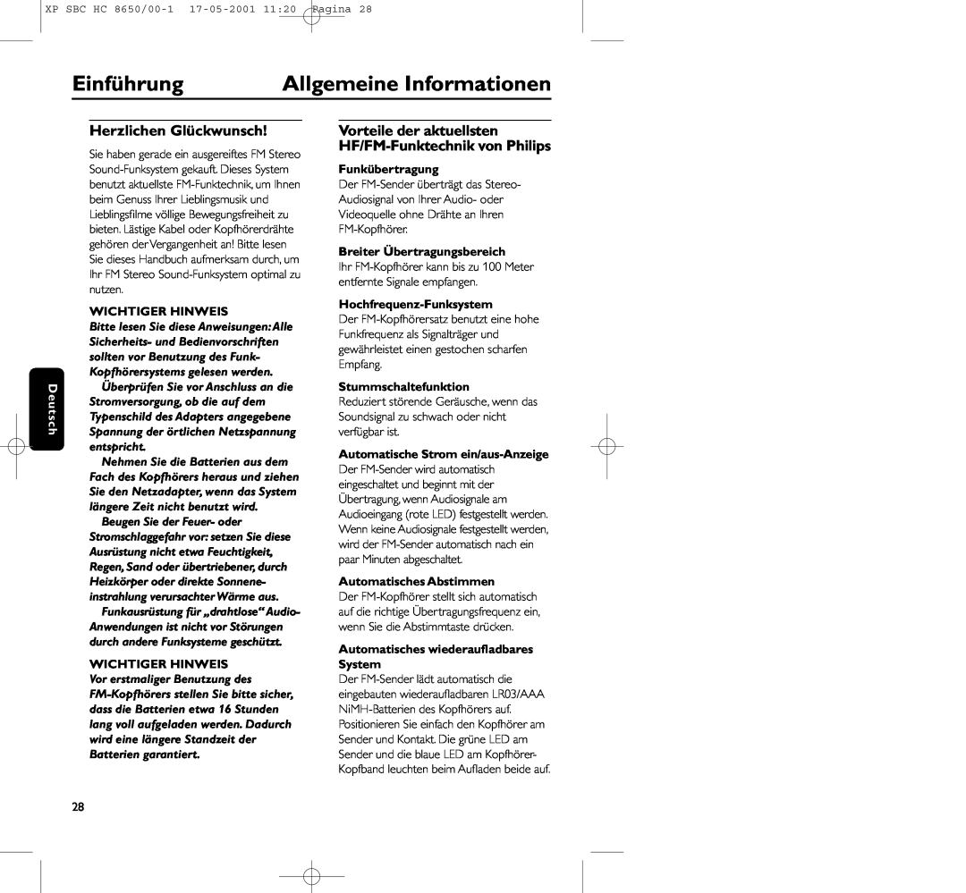Philips HC8650 manual Einführung, Allgemeine Informationen, Herzlichen Glückwunsch, Wichtiger Hinweis, Funkübertragung 