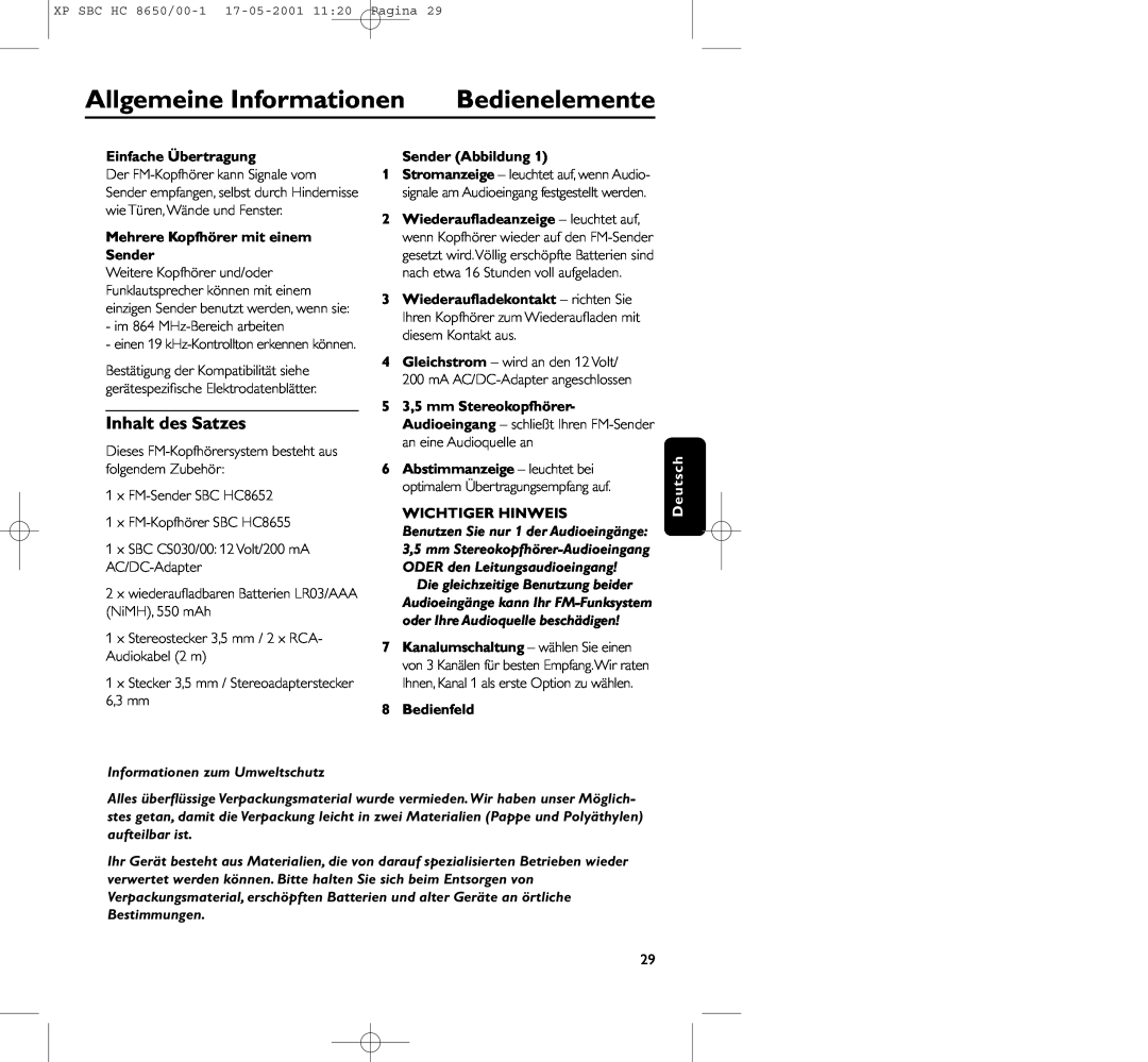 Philips HC8650 manual Bedienelemente, Allgemeine Informationen, Inhalt des Satzes, Einfache Übertragung, Sender Abbildung 