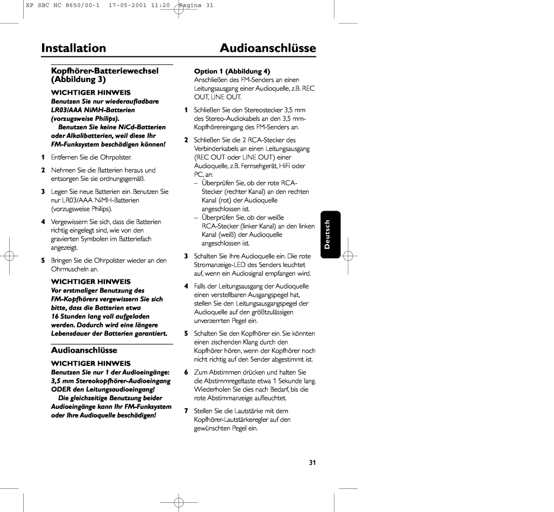 Philips HC8650 InstallationAudioanschlüsse, Kopfhörer-BatteriewechselAbbildung, Wichtiger Hinweis, Option 1 Abbildung 