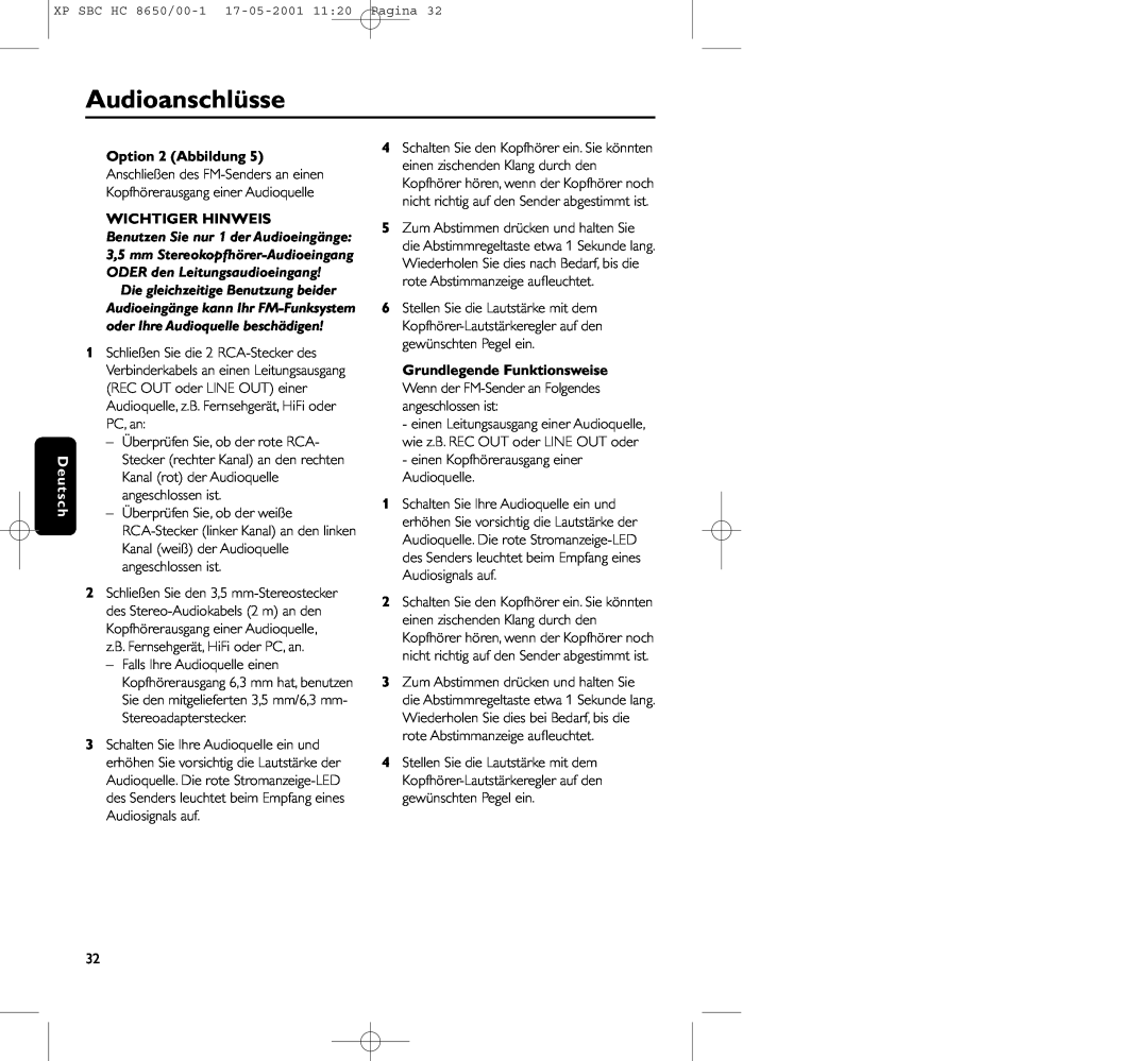 Philips HC8650 manual Audioanschlüsse, Option 2 Abbildung, Wichtiger Hinweis 