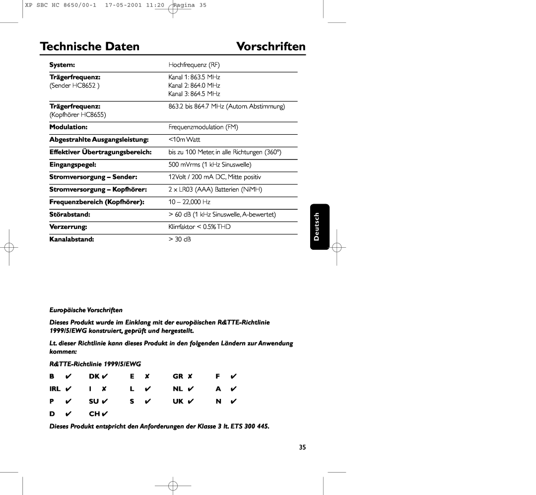 Philips HC8650 manual Technische Daten, Vorschriften, System, Trägerfrequenz, Modulation, Abgestrahlte Ausgangsleistung 